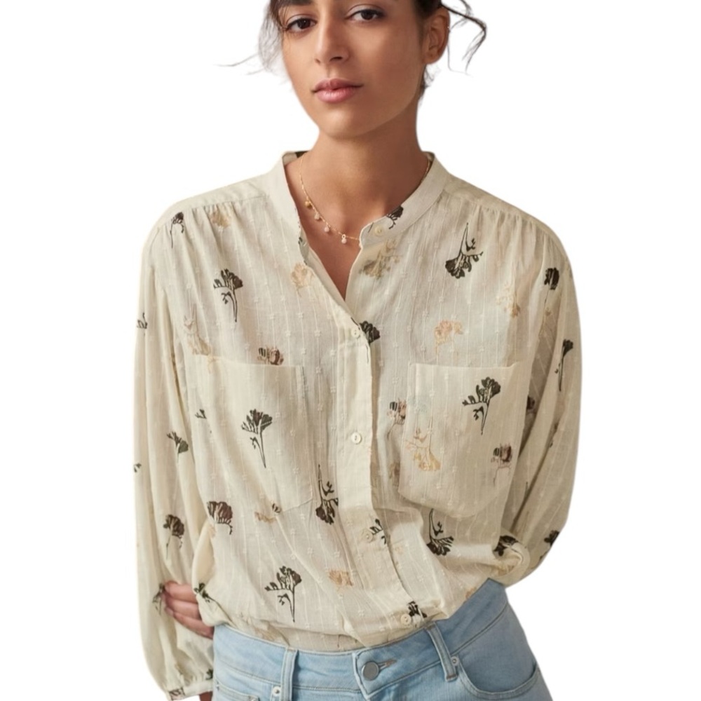 Wrap London Cream Floral Split-Neck Button Blouse